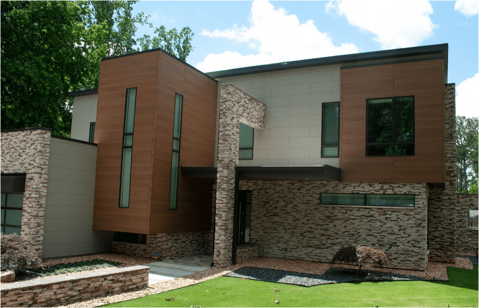 Modern home with a modern brick and stone facade