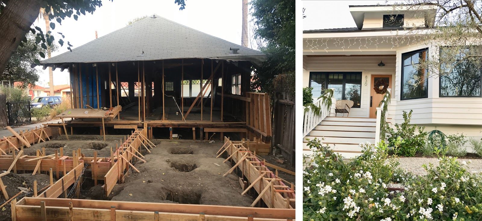A side by side comparison of the front of the home under construction and once completed.