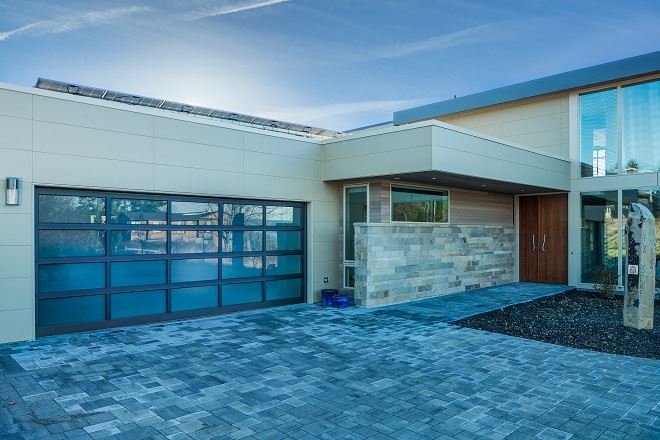 Exterior view of a building featuring Nichiha fiber cement panels and modern design