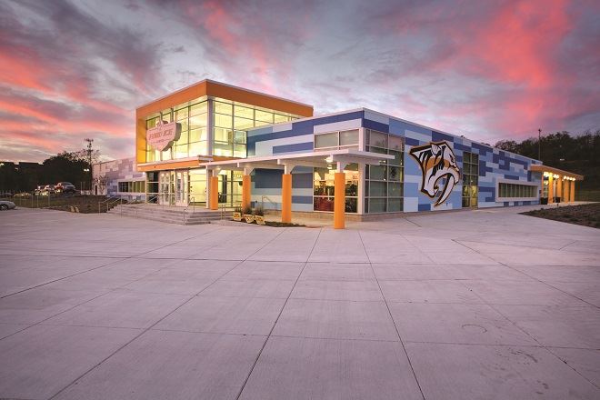 Exterior of Ford Ice Center in Tennessee clad in fiber cement panels