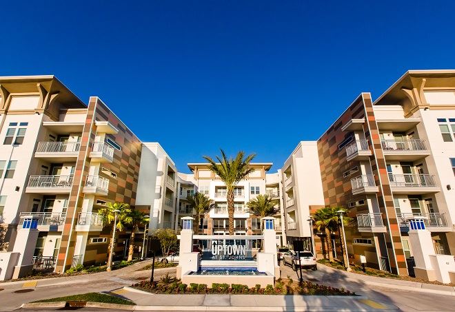 Exterior of Uptown St. Johns building in Jacksonville with fiber cement panels and modern design