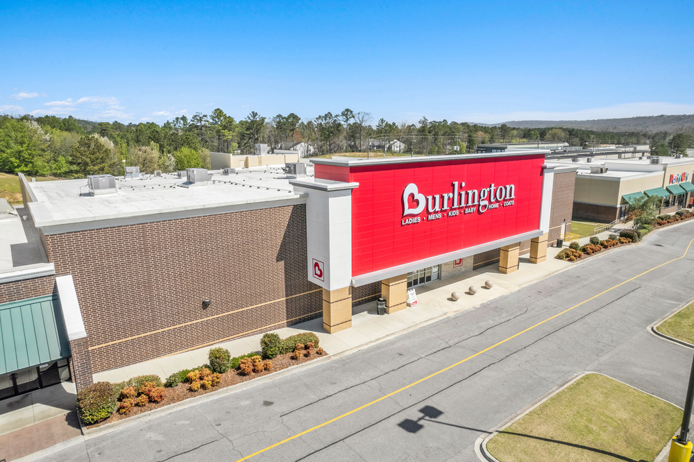 A drone shot of a Burlington storefront utilizing Nichiha&rsquo;s fiber cement cladding.