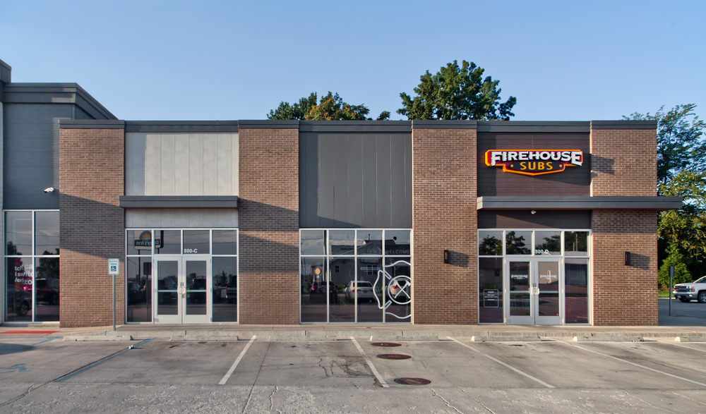 A close-up of Firehouse Subs utilizing three different textures of Nichiha&rsquo;s fiber cement cladding.