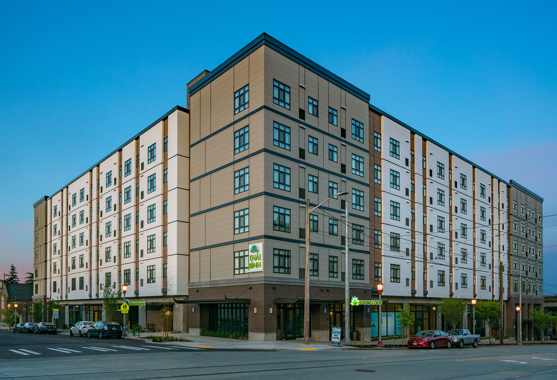 Exterior corner view of Thai Binh apartments featuring Nichiha TuffBlock