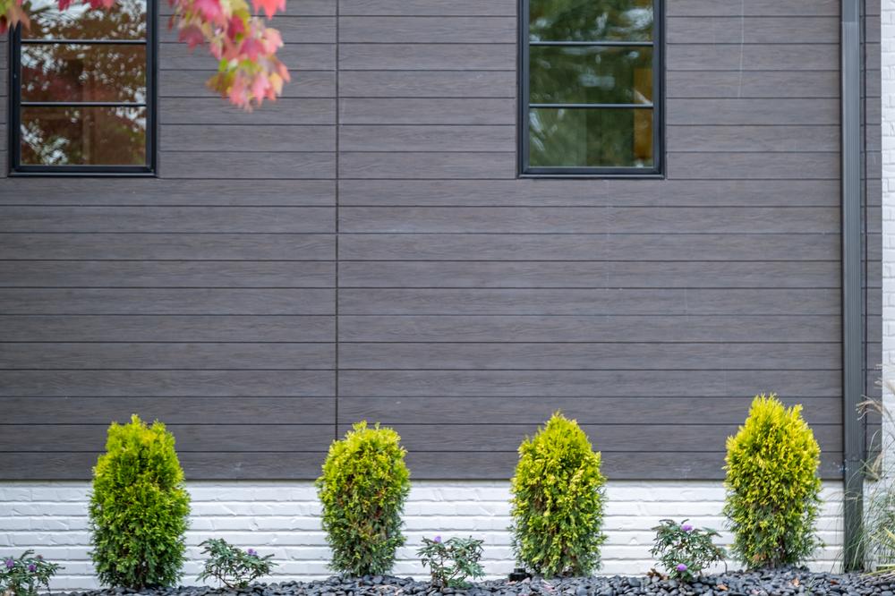 A close-up image of horizontal fiber cement siding. Small strubs are lined up next to the home.