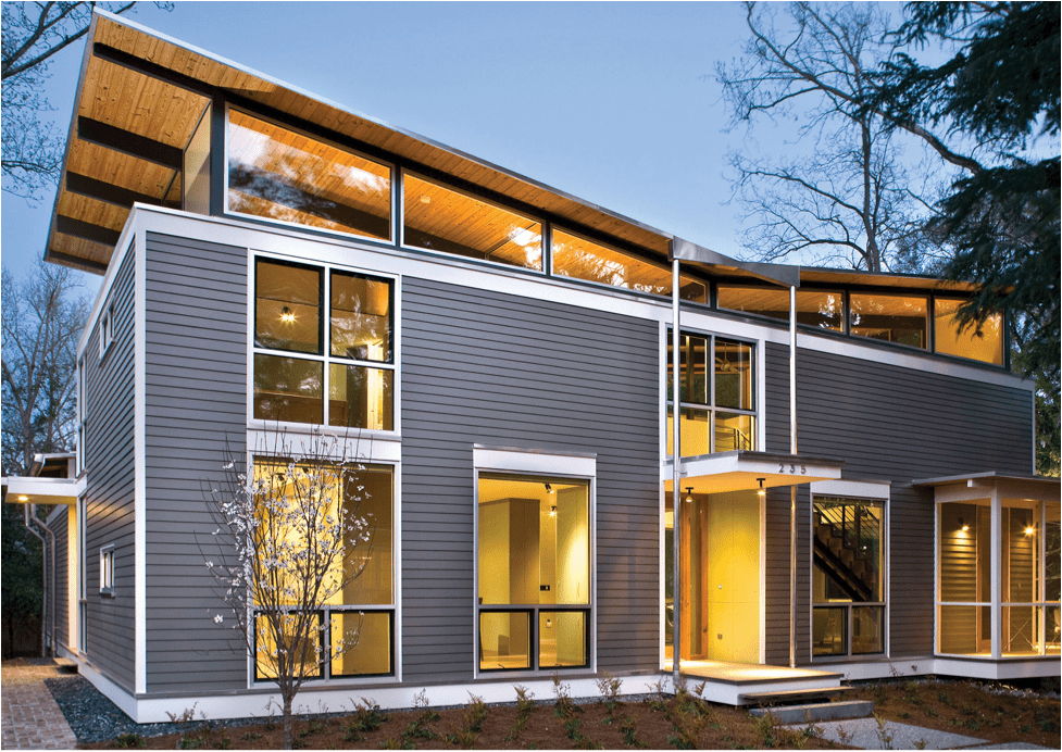 Exterior view of a building featuring Nichiha fiber cement panels and modern design