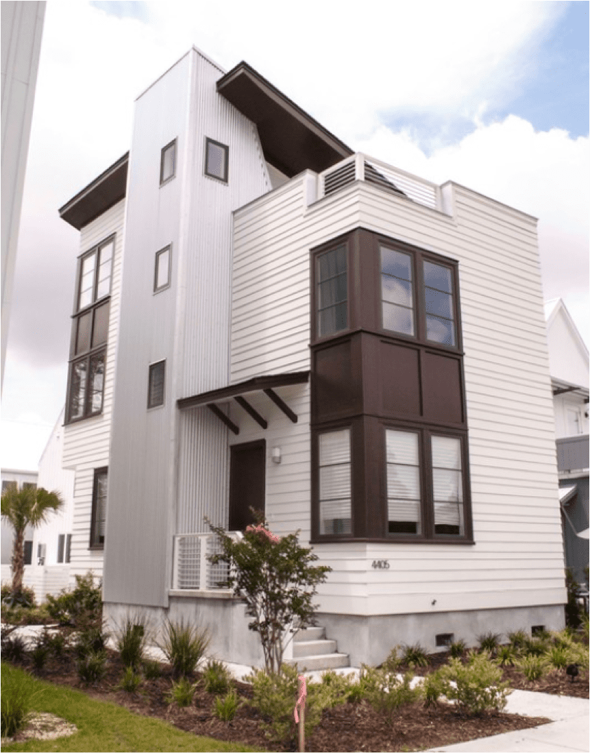 Exterior view of a building featuring Nichiha fiber cement panels and modern design