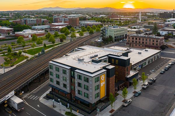 Aerial view of the Schweitzer Haven in Spokane at sunset