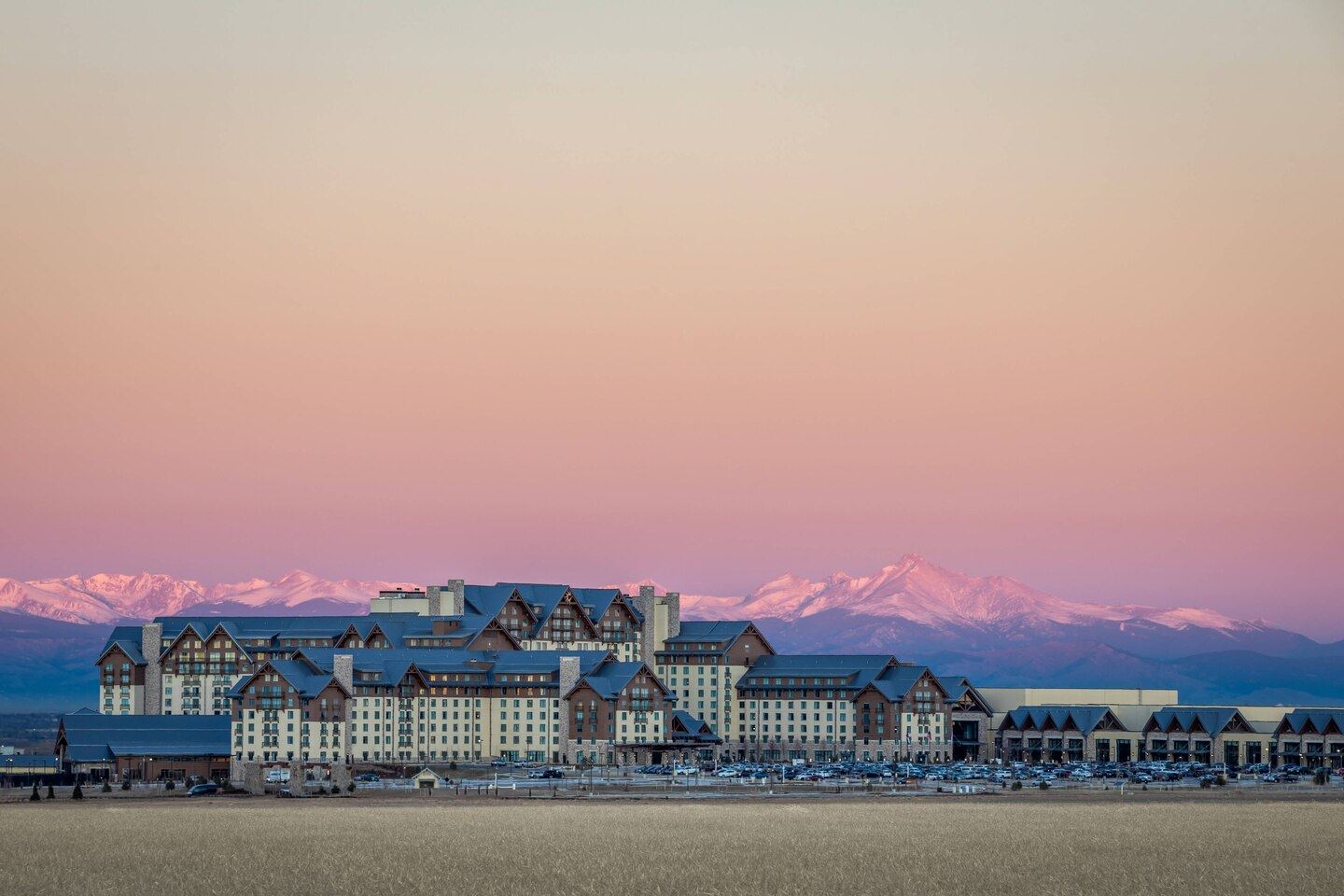 Far away view of Gaylord Rockies with beautiful sunset in the background