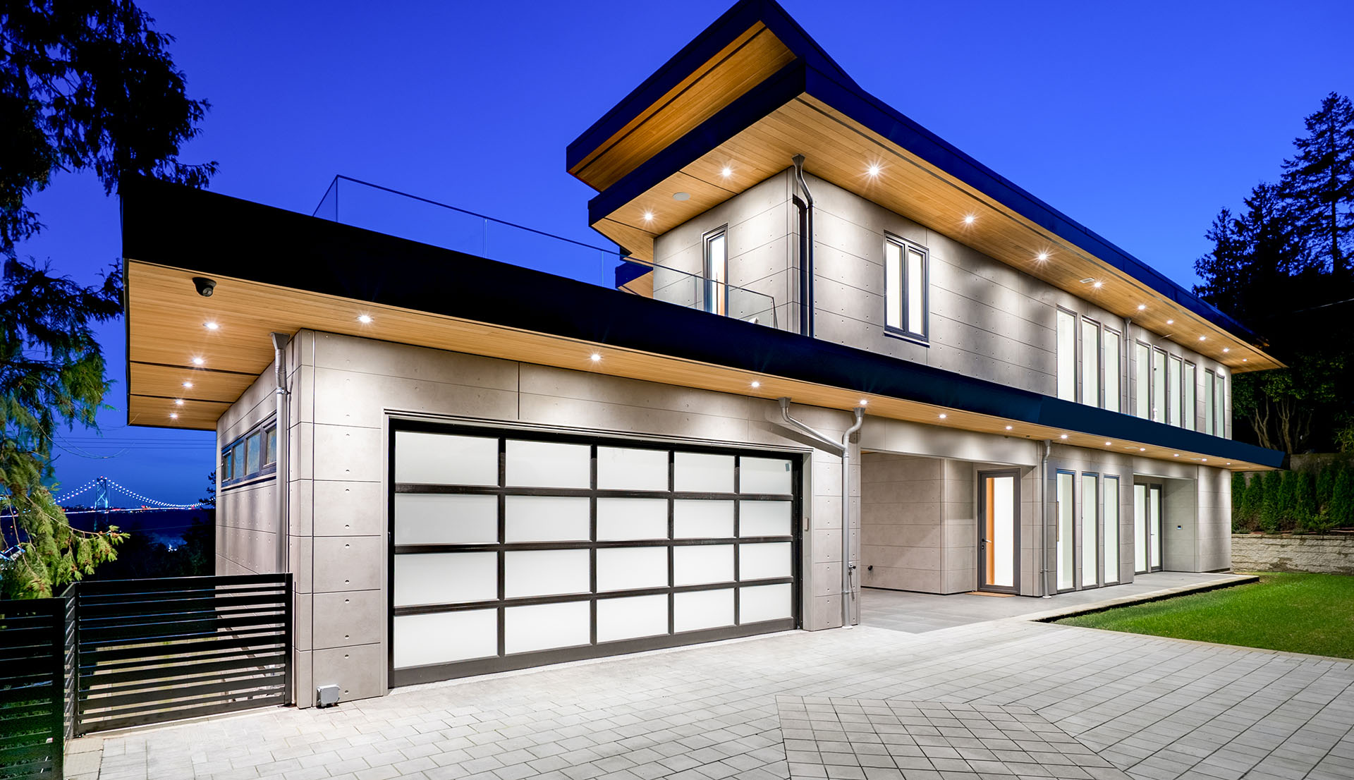 Stunning modern home at dusk that looks like concrete but is Nichiha EmpireBlock