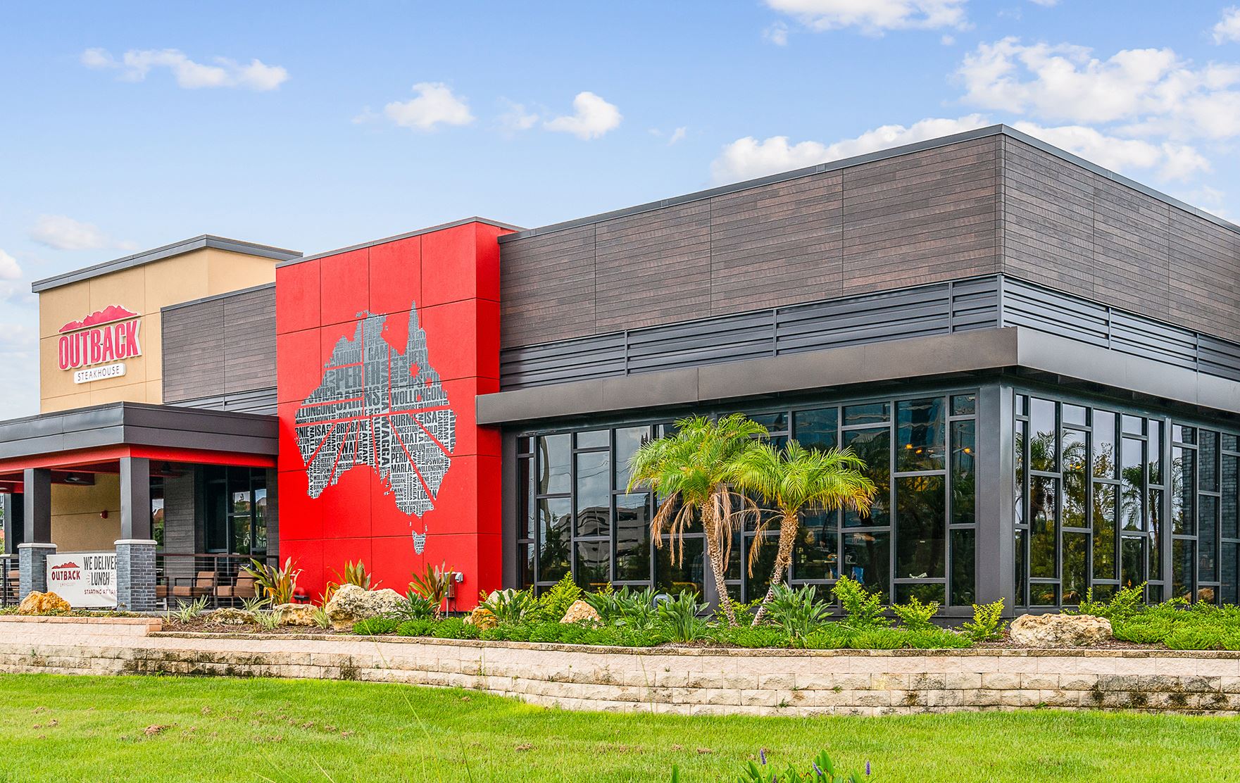 Front of Outback Steakhouse in Tampa, FL with Roughsawn panels