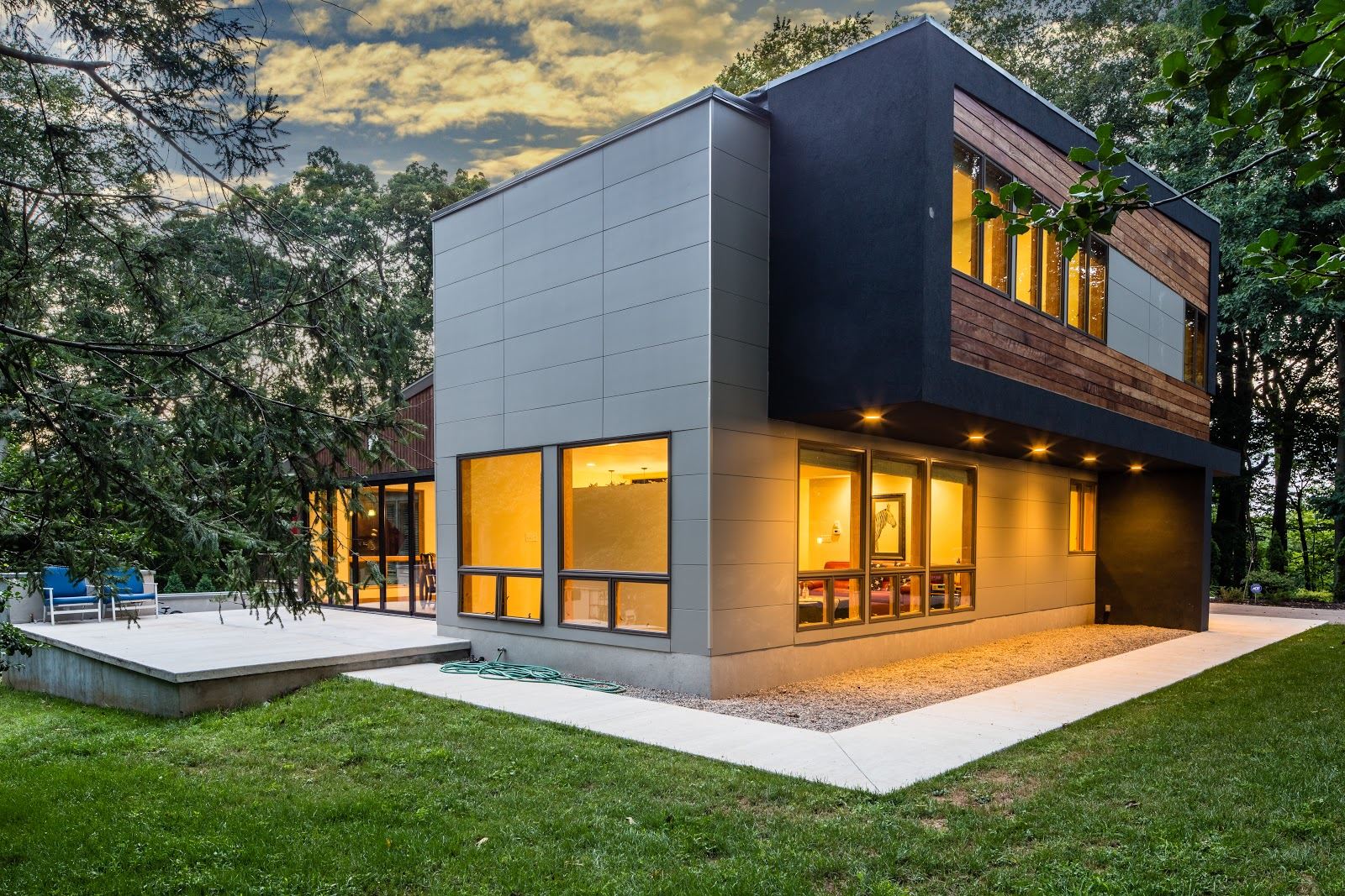 Exterior view of a building featuring Nichiha fiber cement panels and modern design