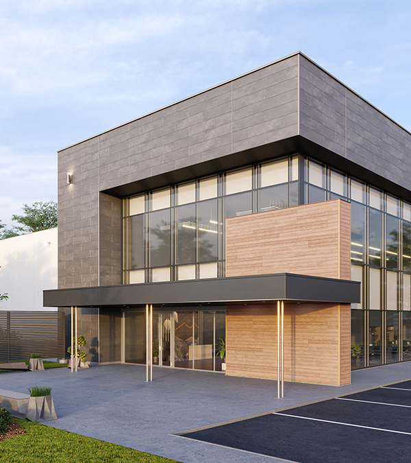 Image of Corbosa rendering on a commercial building in Moondust gray color